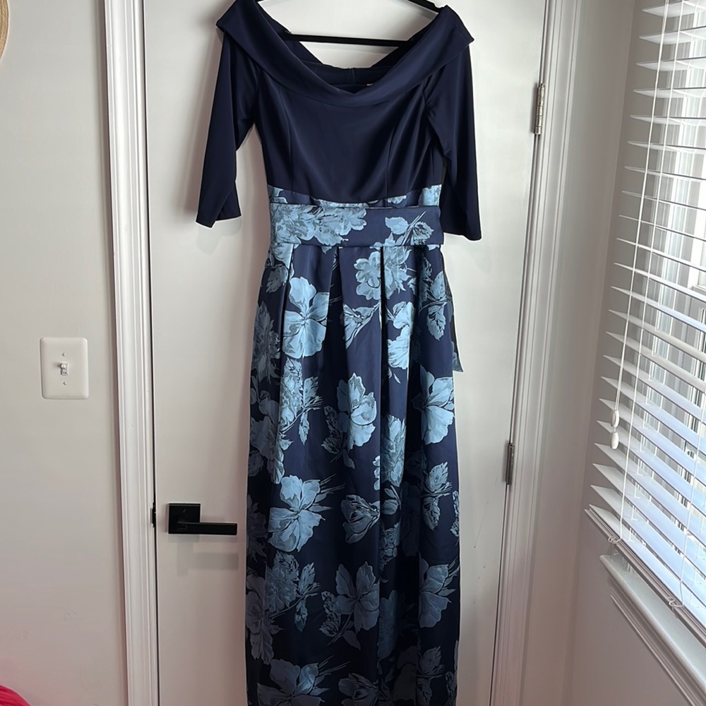 Stunning Eliza J Off The Shoulder Navy Blue Gown With Satin Floral Skirt